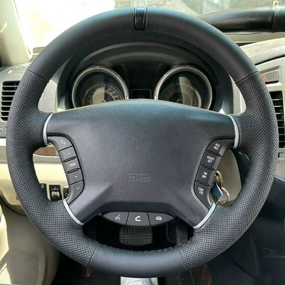 custom-fit, full-coverage design, Steering wheel cover - mitsubishi-series-with-holes-on-both-sides-black-return-label-black-thread-38cm