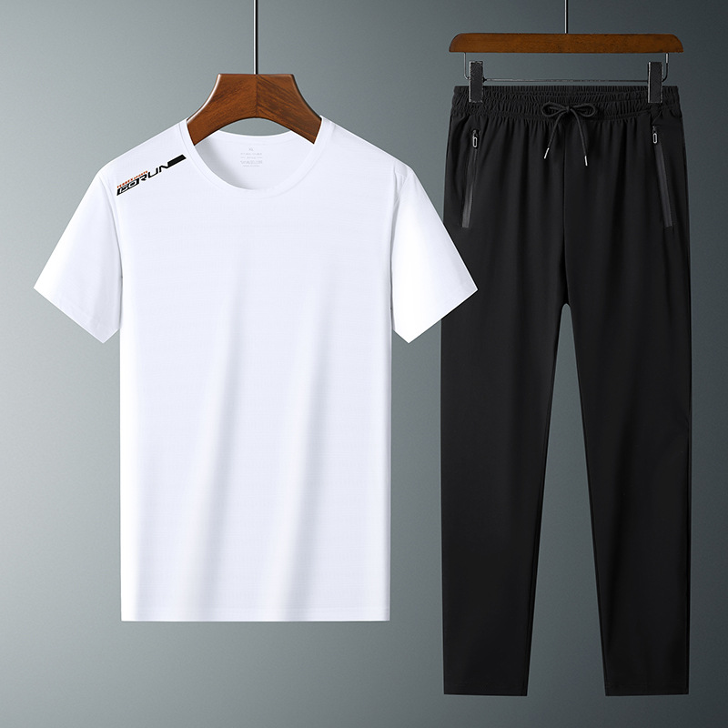 Moda pantalones de seda de hielo cuello redondo Camiseta de dos piezas para hombres talla grande suelta de secado rápido traje deportivo LOGO se puede formular