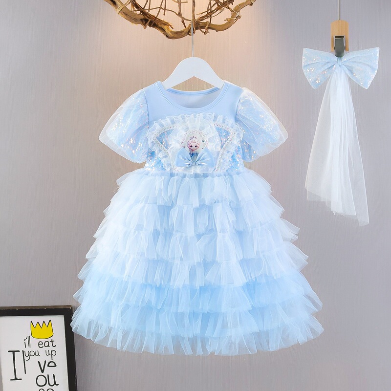 2026 New Style Girls' Elsa Dress Sequined Princess Dress Kidsren's Fluffy Gauze Cake Dress Elsa Mesh Dress