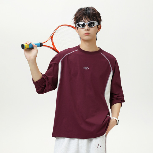 Spliced, Contrasting-Color, Sun-Protective, Breathable Sports-Style Long-Sleeve T-Shirt for Men – Autumn Edition, Embroidered, Loose-Fit, Trendy Brand Sweater