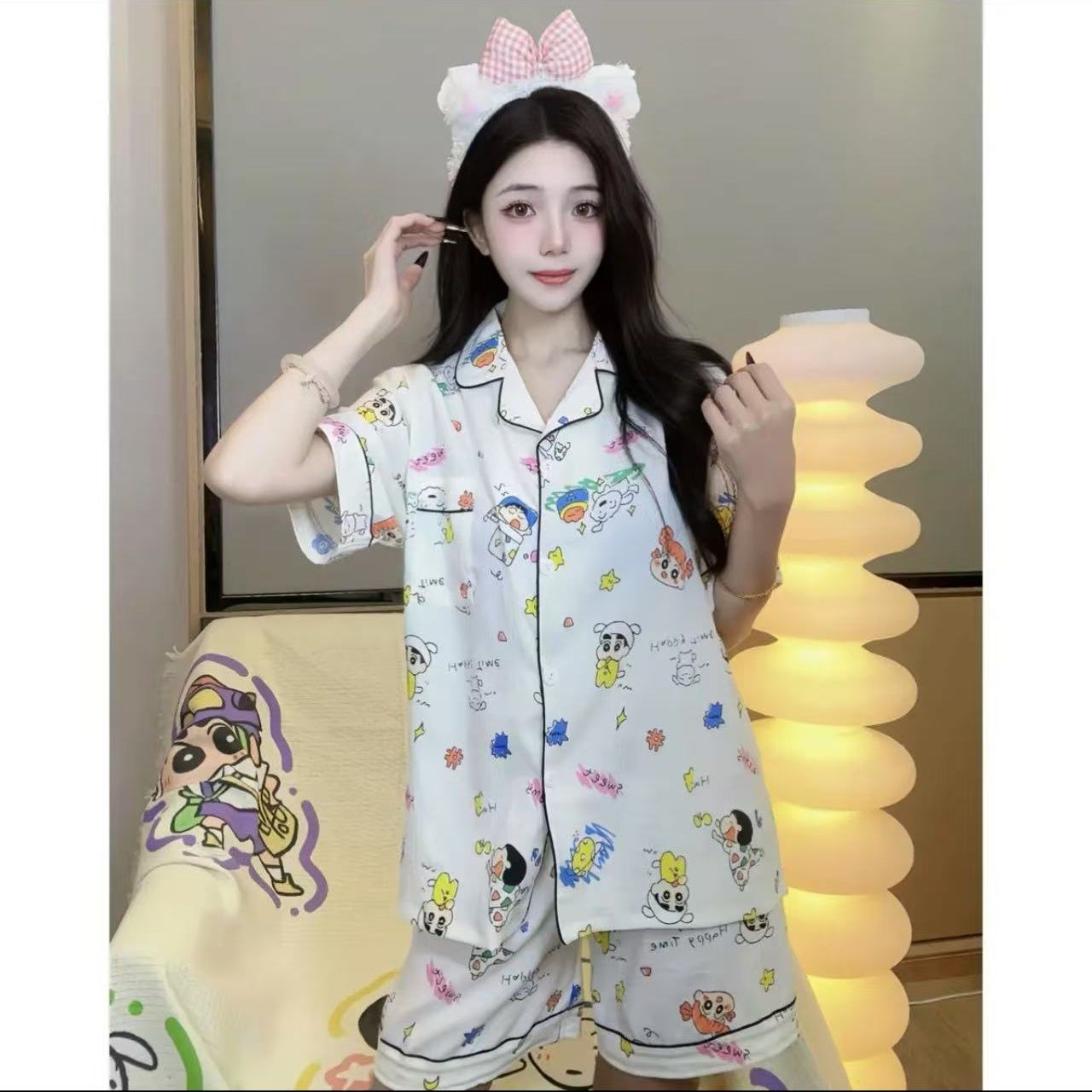 Venta al por mayor transfronteriza verano nuevo estilo nube rebeca de algodón solapa dulce niña pijama pantalones cortos de manga corta traje de servicio a domicilio