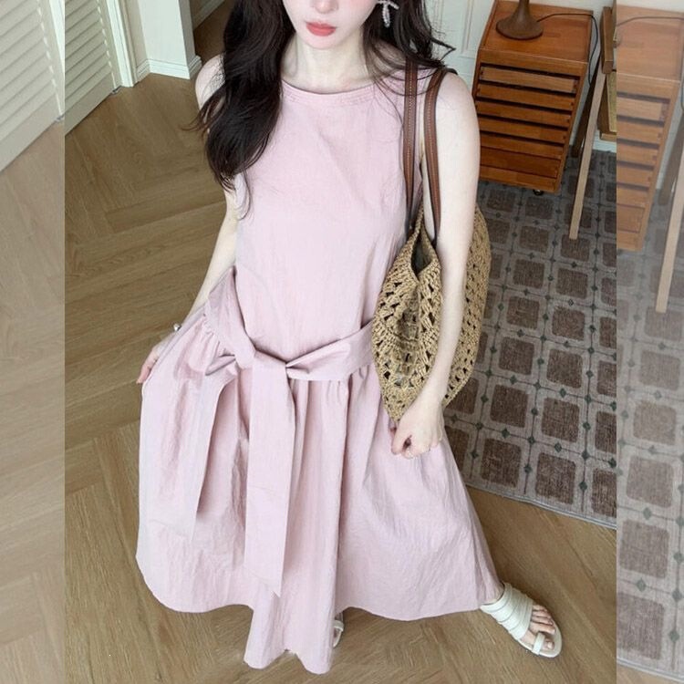 Korean Style Casual Pink Design with Tie Waist and Sleeveless Vest Dress Long Skirt Korean Style Casual Pink Design with Tie Waist and Sleeveless Vest Dress Long Skirt