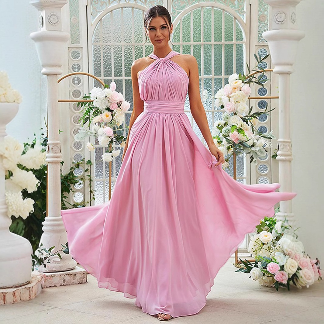 Chiffon Halter Bridesmaid Dresses A-Line Pleated Long Amazon Fashion European and American Dress Evening Dresses