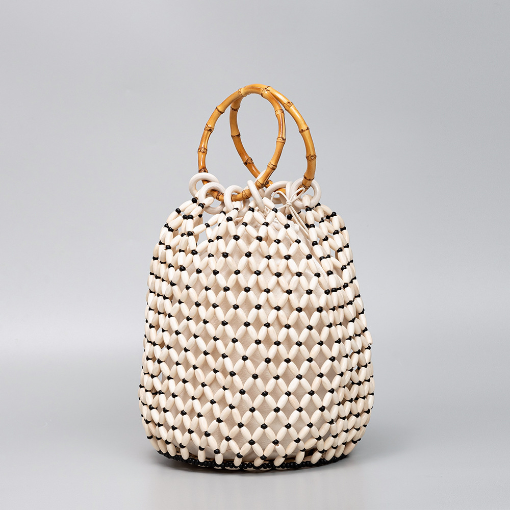 OLEI Large Capacity Wooden Bead Bucket Bag, Beach Vacation Travel Bamboo Handbag, Women's Hand-Woven Bag - Thumbnail 4