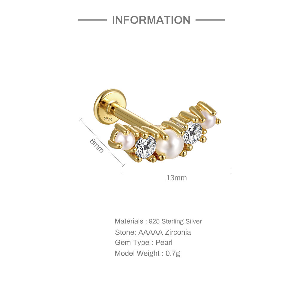 Nueva moda s925 plata esterlina estilo ins arco de una sola fila diamante incrustado perla 16G cabeza plana piercing hilo oído hueso clavo