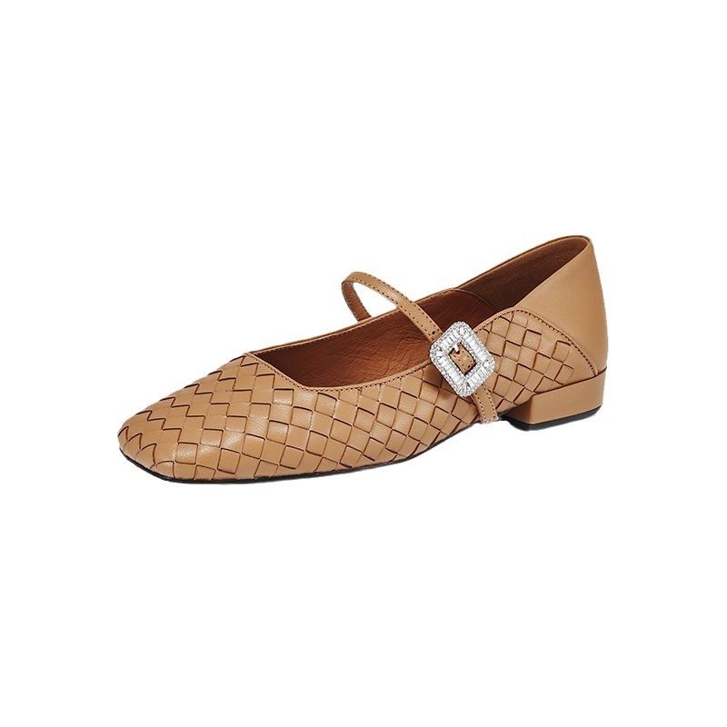 Retro autumn woven Mary Jane shoes low-cut square toe with…