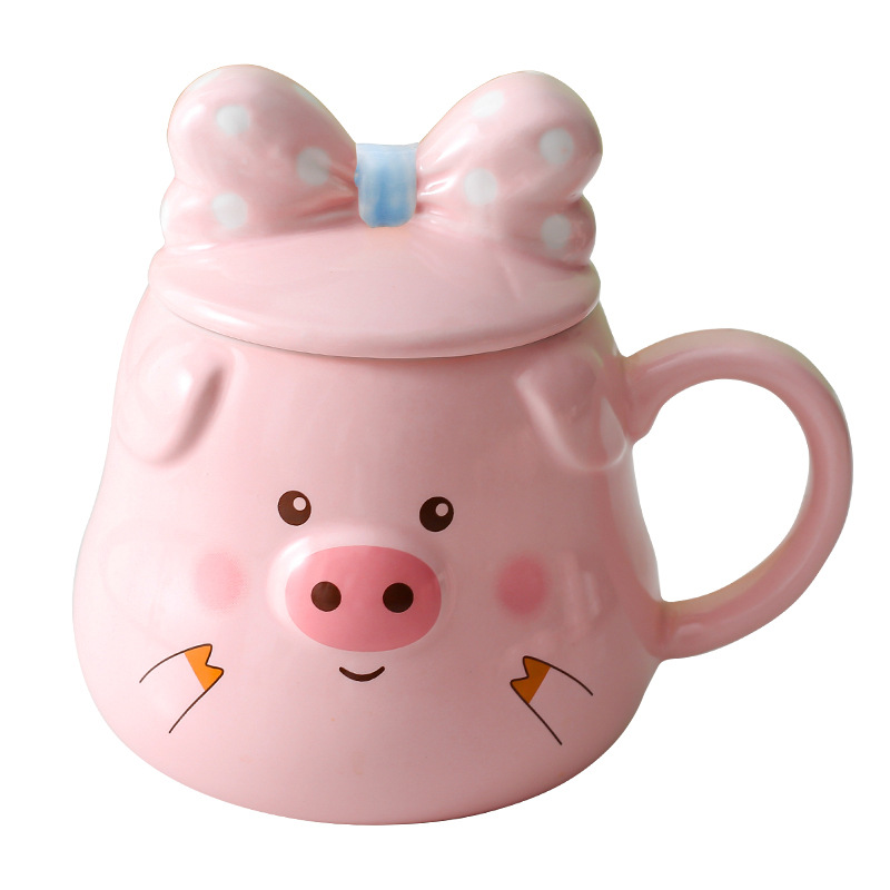 Taza de cerámica creativa lindo cerdo Rosa niña Corazón de dibujos animados taza con tapa cuchara taza de agua taza de café taza de desayuno