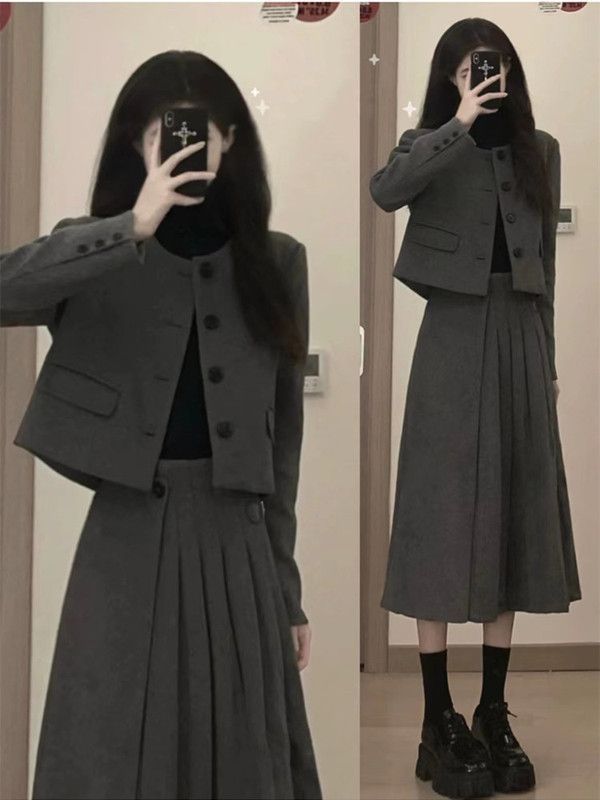 胖mm显瘦遮肉高级感套装女大码秋冬新款毛呢外套百褶半身裙两件套|undefined