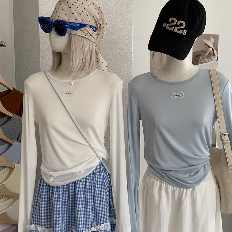 Kekezoon Simple Autumn Letter Lace Logo Round Neck Regular Shoulder Long Sleeve Lyocell Base Layer T-Shirt 8376