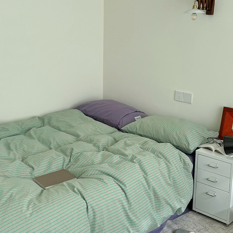 Set di biancheria da letto a quattro pezzi in puro cotone a righe, stile nordico francese minimalista retrò nordico in stile Instagram, lenzuolo e copripiumino in cotone misti e abbinati, 3 pezzi_voghion.com