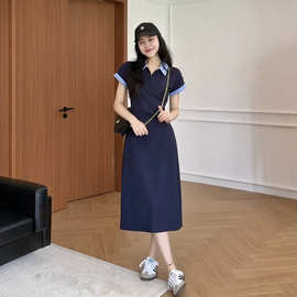 跨境 大码裙子韩系撞色polo领连衣裙女高腰显瘦掐腰长裙胖mm240斤