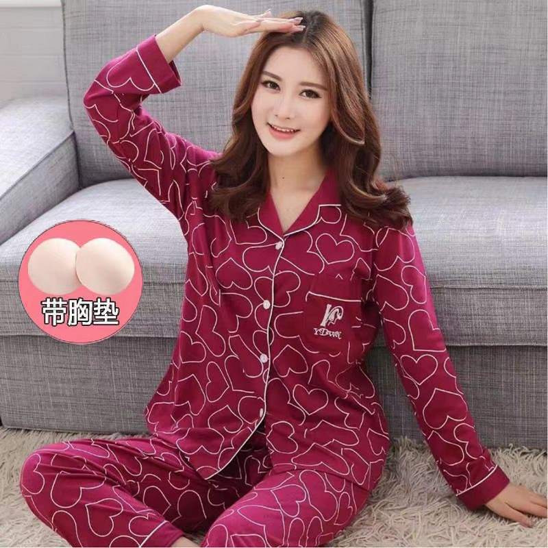 Con almohadilla en el pecho 100% pijamas de algodón primavera y otoño desgaste del hogar mujeres 2023 nuevos pantalones de manga larga dulce conjunto de dos piezas