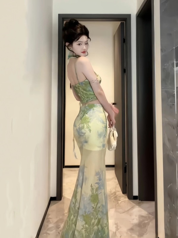 复古风中式上衣长裙套装印花吊带气质半身裙显瘦ins两件套|undefined