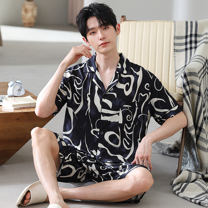 Ice Silk Cardigan Manufacturer Short-Sleeve Summer In-Stock Wholesale Lapel Suit Four-Way Stretch Shorts Pajamas Men's Silk