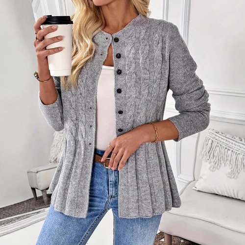 Women's European and American Style Single Button Casual Long Sleeve Knitted Cardigan for Autumn and Winter, Cable-Knit Round Neck, Warm Outerwear Sweater