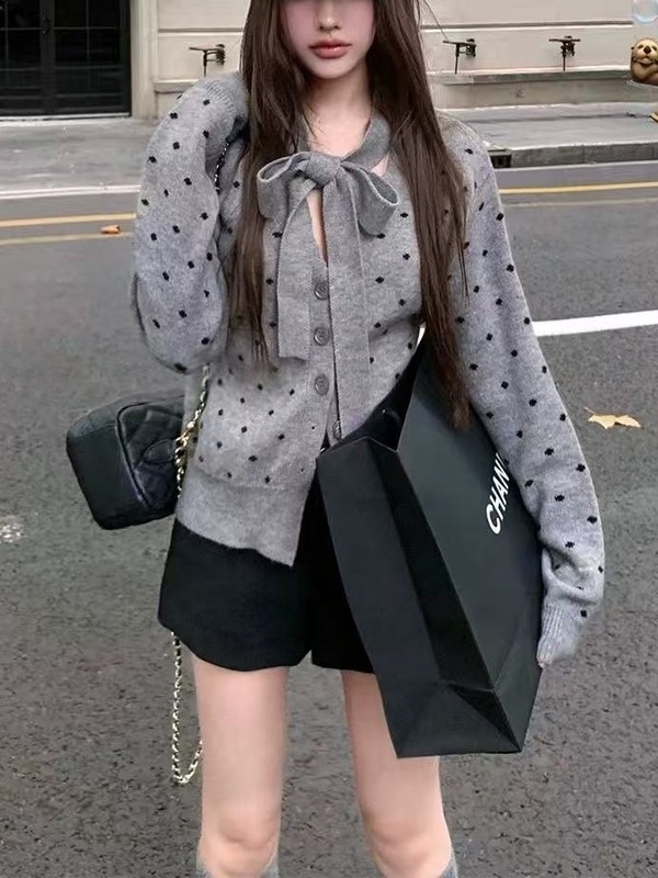 Chien miu系千金风上衣 小众蝴蝶结灰色波点针织开衫毛衣女|undefined