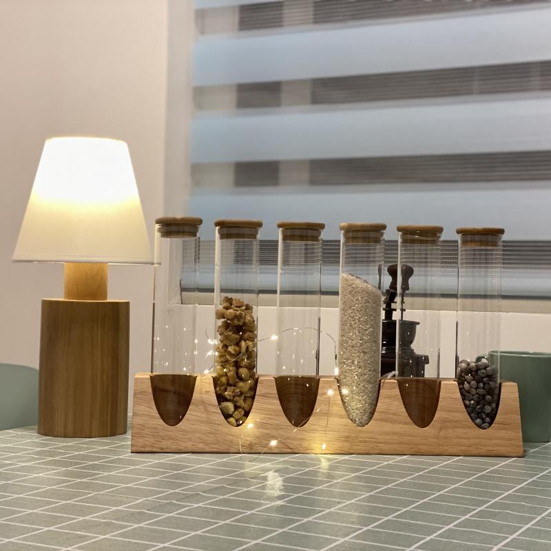 Tubo de ensayo de vidrio de borosilicato estante de exhibición de madera maciza muestra té granos de café cocina clasificación de almacenamiento tanque de almacenamiento