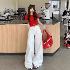 美式复古白色阔腿牛仔裤女百搭显瘦高腰宽松慵懒休闲垂感拖地长裤