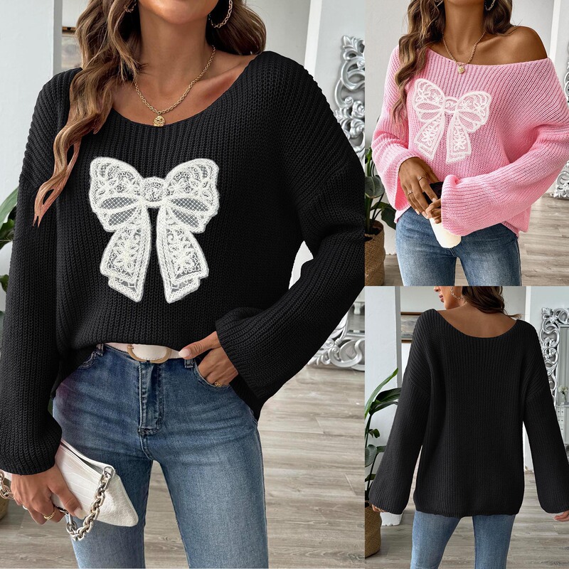 Bow embroidery patch women's pullover sweater cross-border European and American women's off-shoulder collar horn sleeve sweater