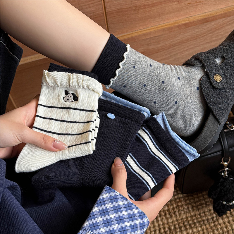 Autumn and Winter Socks for Women, Navy Blue Salt Girl Mid-Calf Socks, Korean Style Preppy Style Embroidered Puppy Stripesd Rolled Edge Cotton Socks Autumn and Winter Socks for Women, Navy Blue Salt Girl Mid-Calf Socks, Korean Style Preppy Style Embroidered Puppy Stripesd Rolled Edge Cotton Socks