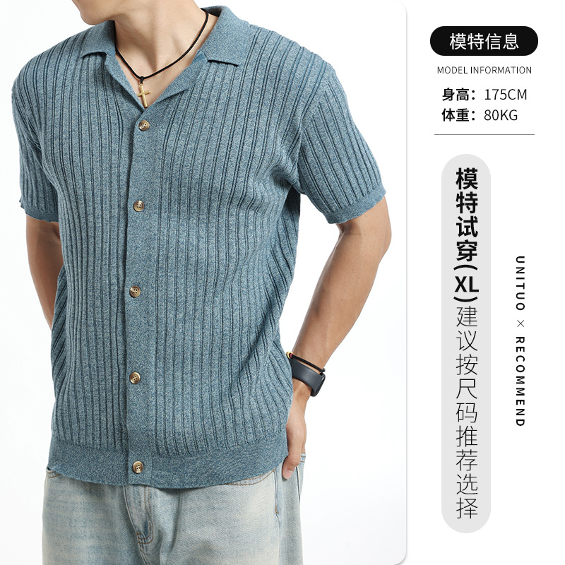 El estilo antiguo de la ventana de los hombres con solapa de seda de hielo polo de punto cardigan ligero de lujo texturas relajadas ropa de hombre casual camisa de manga corta hombre