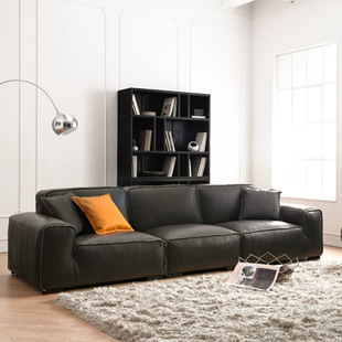 Italian Normcore Large Black Cow Leather Sofa Living Room High-End Black Straight Row First Layer Cowhide Leather Art Sofa Combination