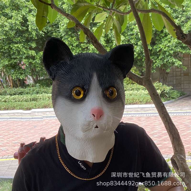 Máscara de cabeza de gato lindo gato negro látex tocados Halloween bola animal apoyos etapa suministros de rendimiento