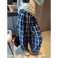摩且 美式慵懒风 抽绳松紧腰格纹撞色宽松阔腿束脚休闲裤 MQ0693