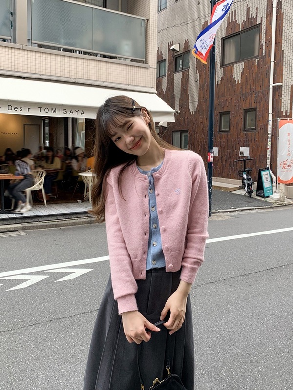 你好卡农 撞色叠穿假两件针织开衫女早秋2025新款设计感短款上衣|undefined