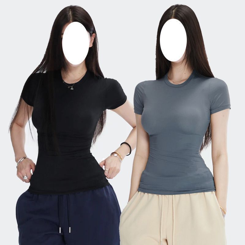 半袖春夏スリムフィット伸縮性右肩タイトピンクTシャツ半袖トップス女性用|undefined
