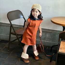 中小童幼儿园0-6岁女宝宝可爱无袖背心裙小女孩洋气复古橘色T恤裙