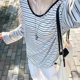 5251# 满天星 已出货 罗纹 慵懒松弛感宽松条纹长袖t恤女