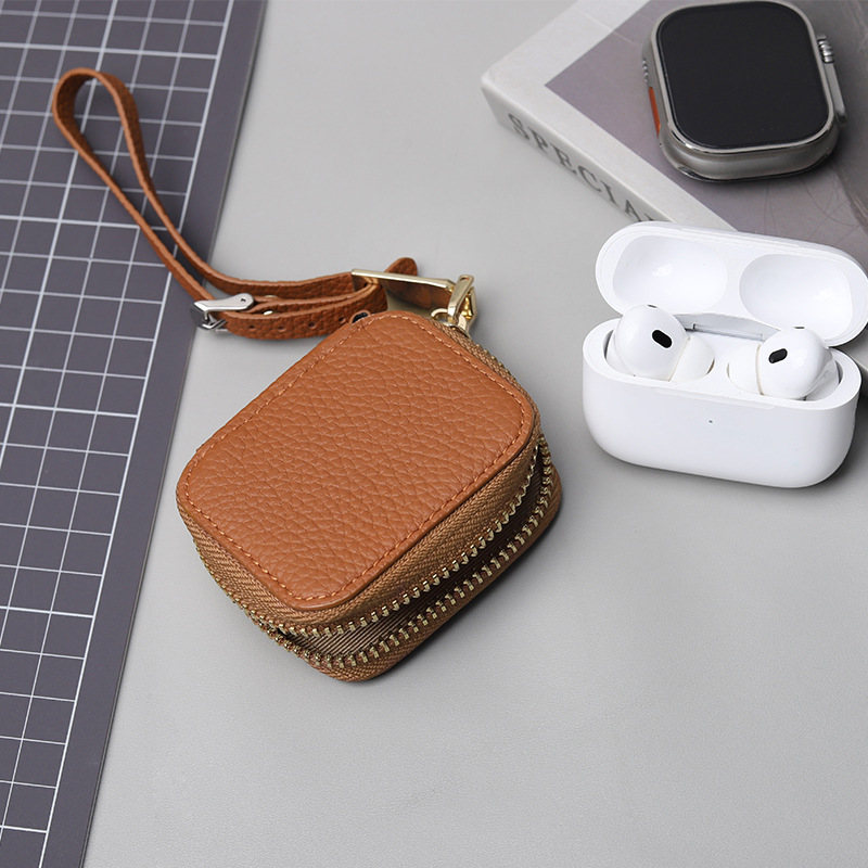 New Mini Buckle Key Bag, First-Layer Cowhide, Compact Key Bag, Bluetooth Headset Bag, Protective Cover, Storage Leather Bag