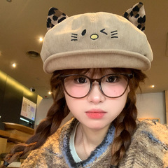 可爱猫耳朵豹纹灯芯绒翻檐贝雷帽女秋冬显脸小八角帽子百搭画家帽