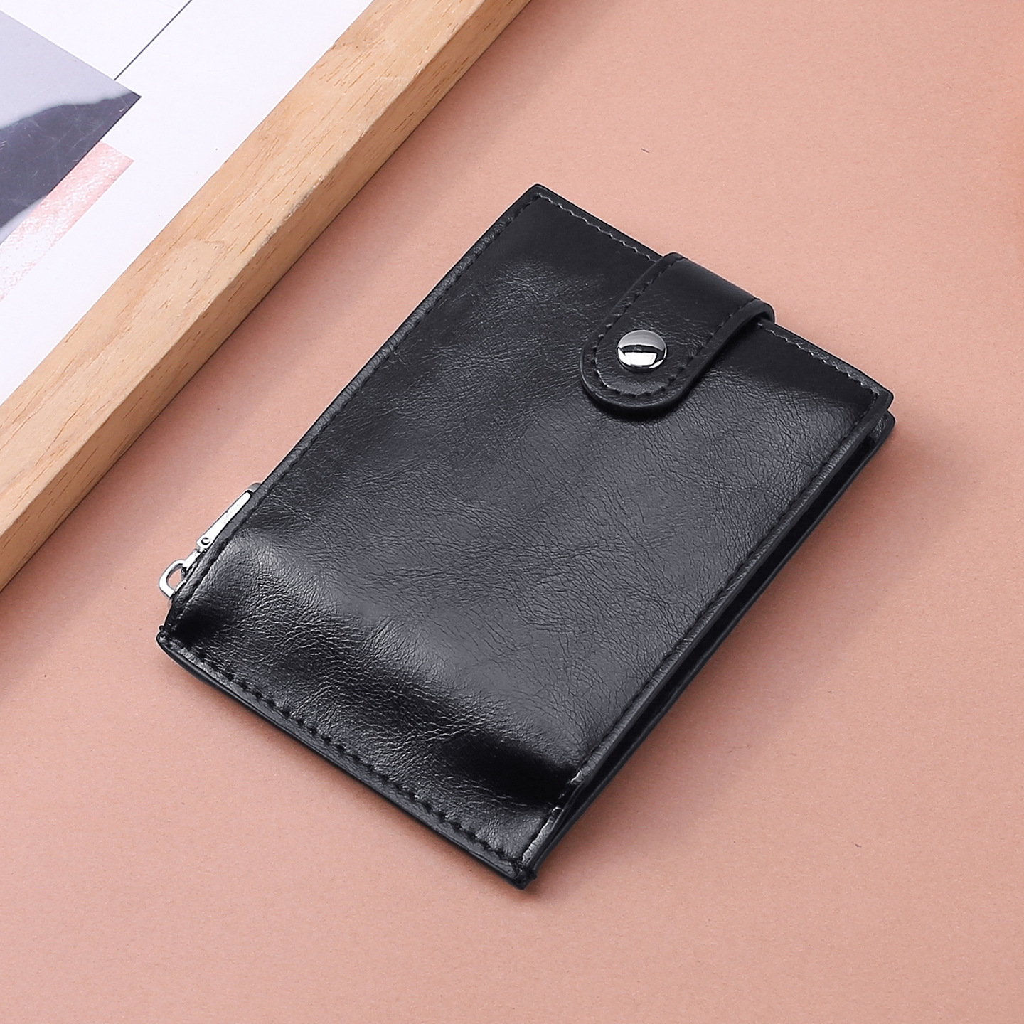 Cartera de cuero suave transfronteriza, cartera de cuero de caballo loco, cartera de dinero retrógrado, cartera de cambio horizontal con botón, cartera de pick-up suave