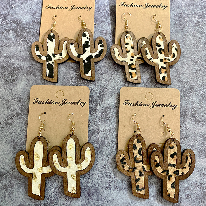 Wholesale Jewelry 1 Pair Streetwear Cactus Leopard Wood Drop Earrings display picture 4