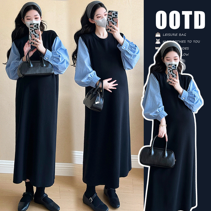 2025 Spring and Autumn New Designer Fake Two-Piece Shirt Knitted Dress Loose Slimming Patchwork Maternity Dress