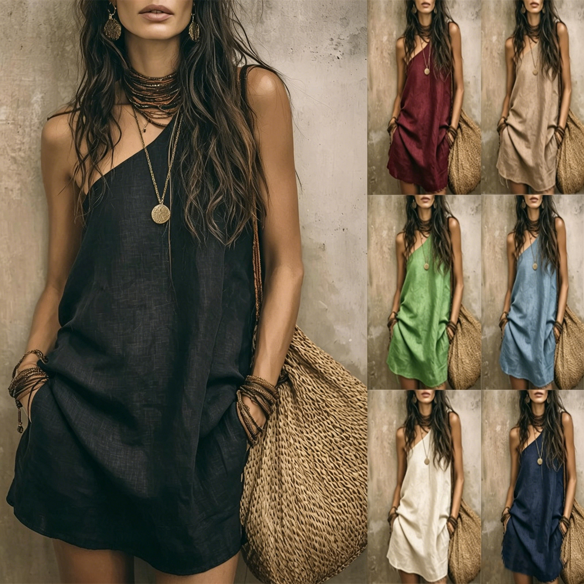 2026 New European and American Style Single-Shoulder Cotton and Linen Dress for Women, Sleeveless Loose Pocket Short Vacation Dress, Cross-Border Women's Fashion