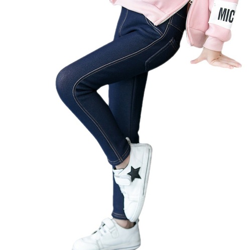 Children's winter clothing thickened middle and large girls imitation jeans trendy Korean version lined children's small mouth children's pants