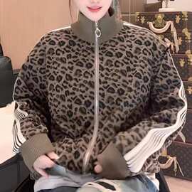 美式复古豹纹三条杠立领外套秋季宽松撞色拼接休闲运动卫衣夹克