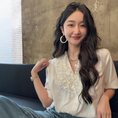 小艺 法式茶歇花边v领短袖衬衫女设计感小众独特别致上衣夏