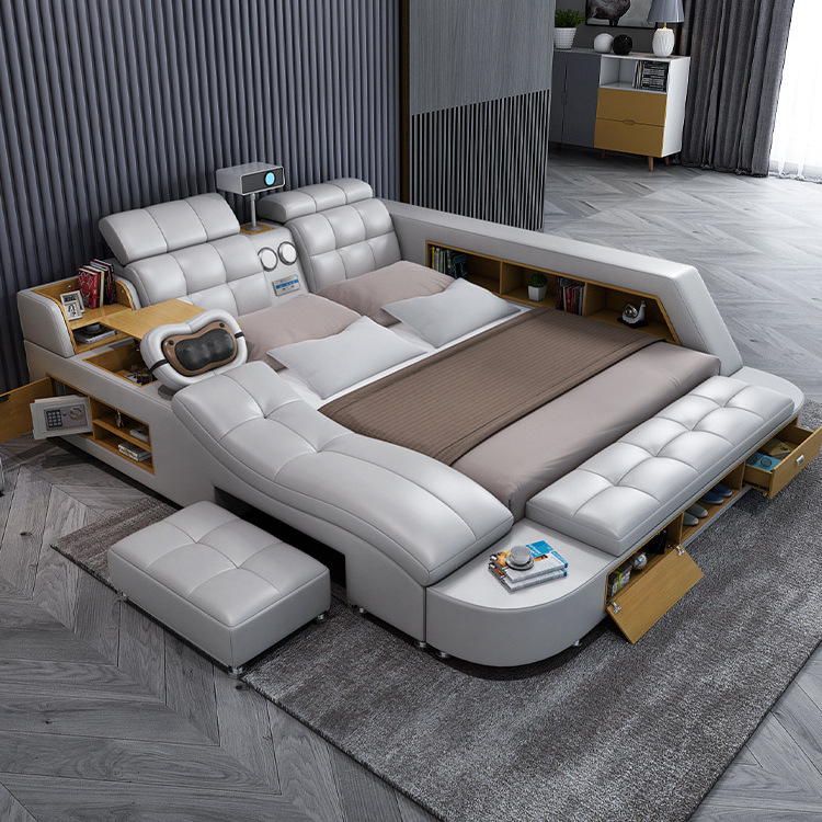Cama inteligente de cuero tipo tatami, moderna y elegante, con funciones de masaje y proyección, cama doble de 1.5m, 1.8m, suministro directo del fabricante.