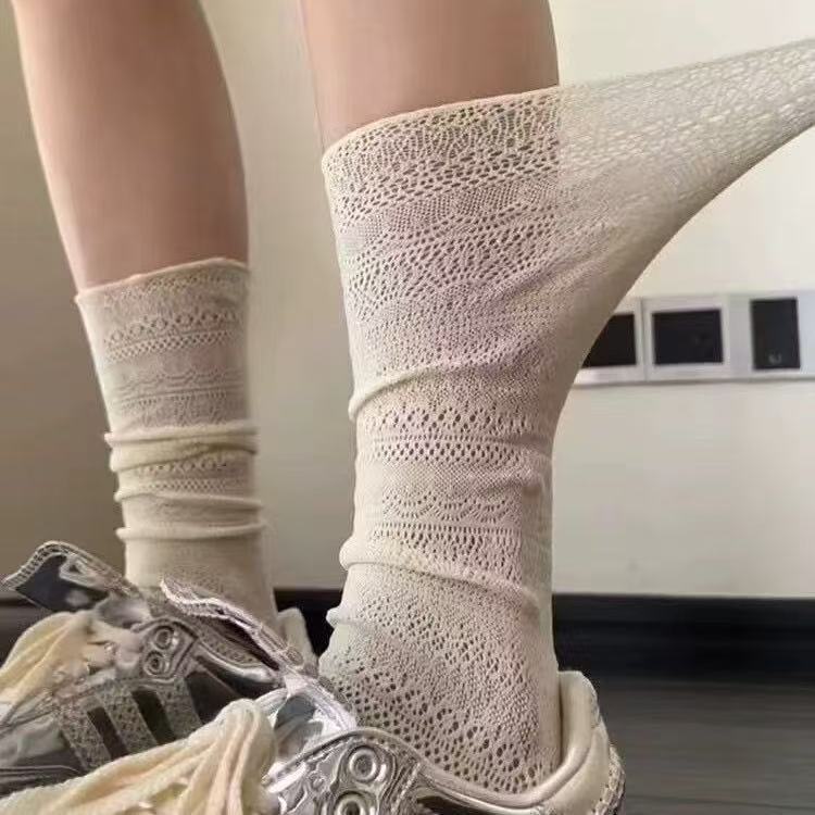 Lace Hollow Stacking Socks Women's Summer White Mid-Length Socks Miu Ballet Style with Single Shoes Birkenstocks Socks