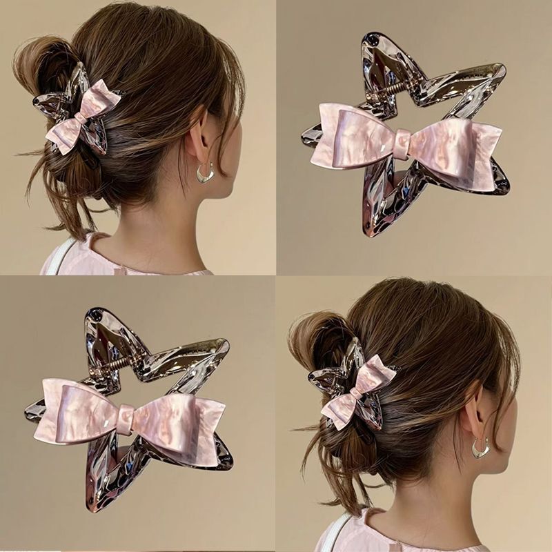 2026 new model pink bow transparent tea-colored star hair clip, popular style, versatile medium-sized claw clip for the back of the head