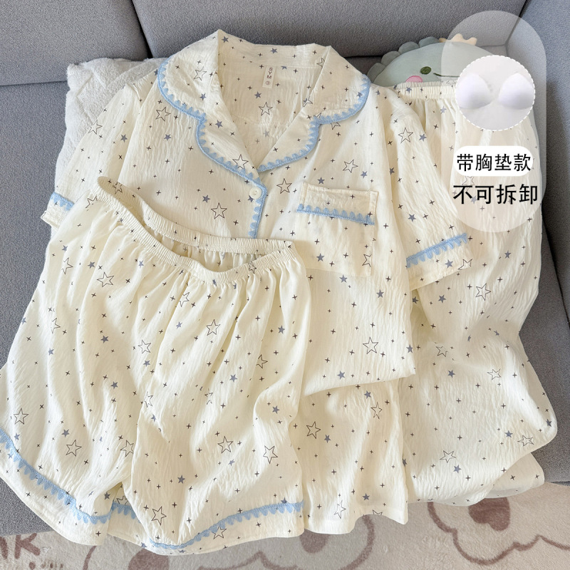 Cross-Border In-Stock Japanese-Style Fresh Lace Padded Plus-Size Women's Pajamas Spring/Summer Short-Sleeve Little Star Three-Piece Set Cross-Border In-Stock Japanese-Style Fresh Lace Padded Plus-Size Women's Pajamas Spring/Summer Short-Sleeve Little Star Three-Piece Set