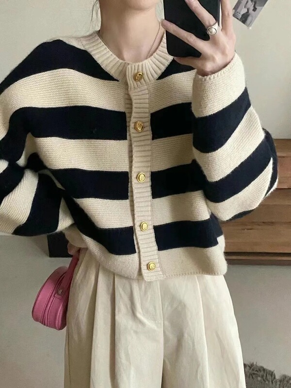 高级感小香风条纹针织开衫女秋冬设计感小众毛衣外套冬季短款毛衣|undefined