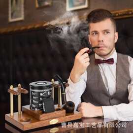 跨境木质烟斗收纳架带烟丝罐托盘客厅吸烟爱好者雪茄收纳盒烟灰缸