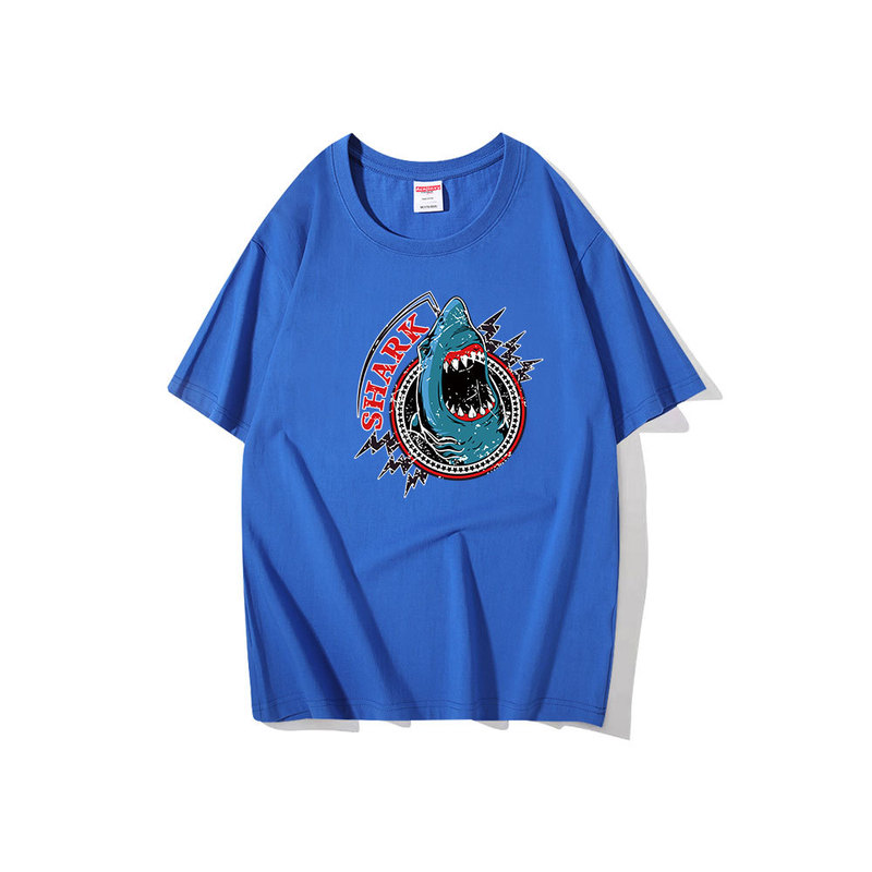 Cross-border hot selling cartoon shark 2D heat transfer men's and women's short-sleeved T-shirt summer cotton T-shirt support customization