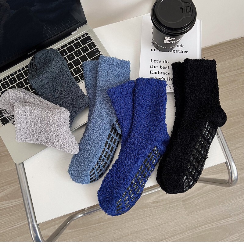 Men's Home Slippers Socks with Grip Anti-Slip Socks Microfiber Fluffy Sleeping Socks Stuffed Coral Fleece Socks
