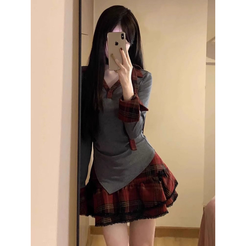 美式甜辣妹格子两件套女早秋学院风拼接长袖上衣蓬蓬半身短裙套装|undefined